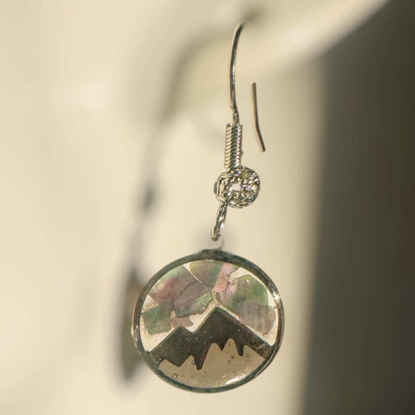 Handmade Silver Mountain Peak Silhouette Earrings with Northern Lights