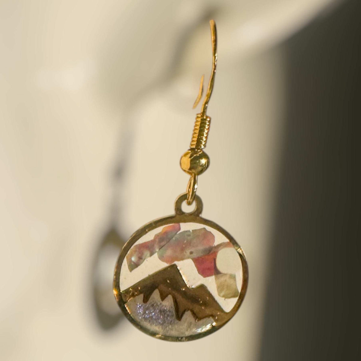 Handmade Gold Mountain Peak Silhouette Earrings with Northern Lights