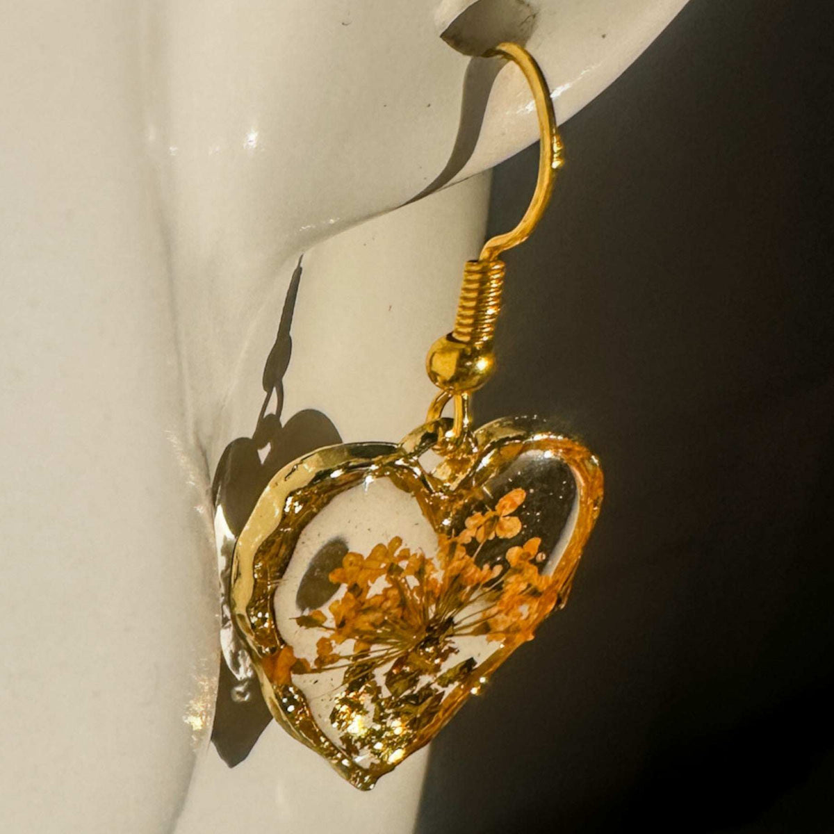 Golden Sunset Hearts | Real Orange Queen Anne Lace Gold Leaf Earrings
