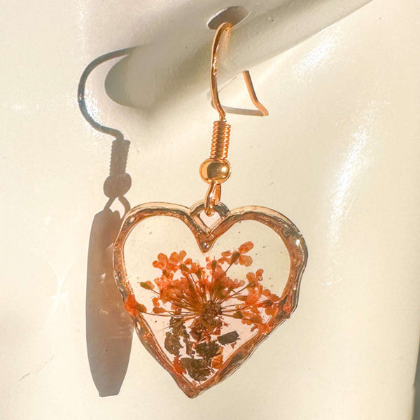 Golden Sunset Hearts | Real Orange Queen Anne Lace Gold Leaf Earrings