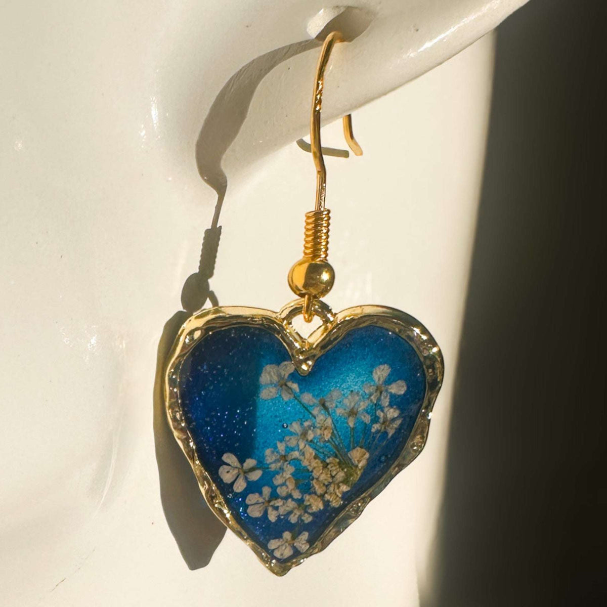 Midnight Lace Hearts | Real Queen Anne's Lace & Navy Resin Earrings