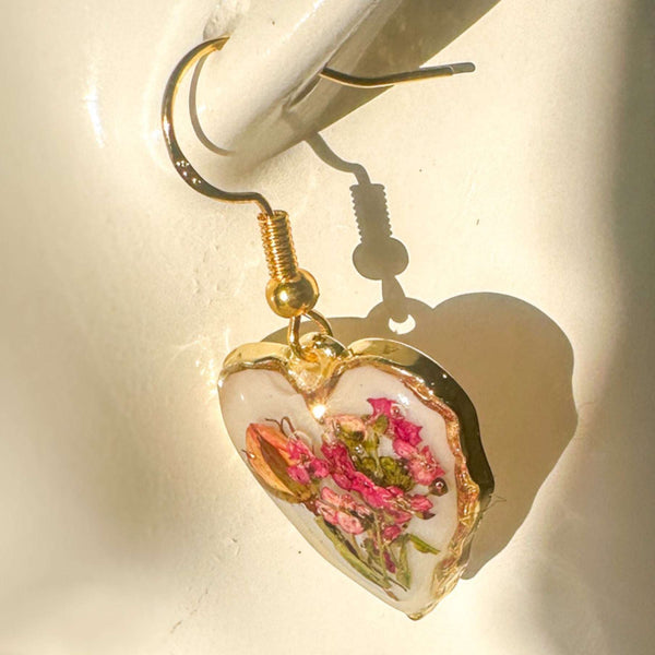 Romance Hearts | Real Pink Rose & Meadow Handmade Bloom Resin Earrings