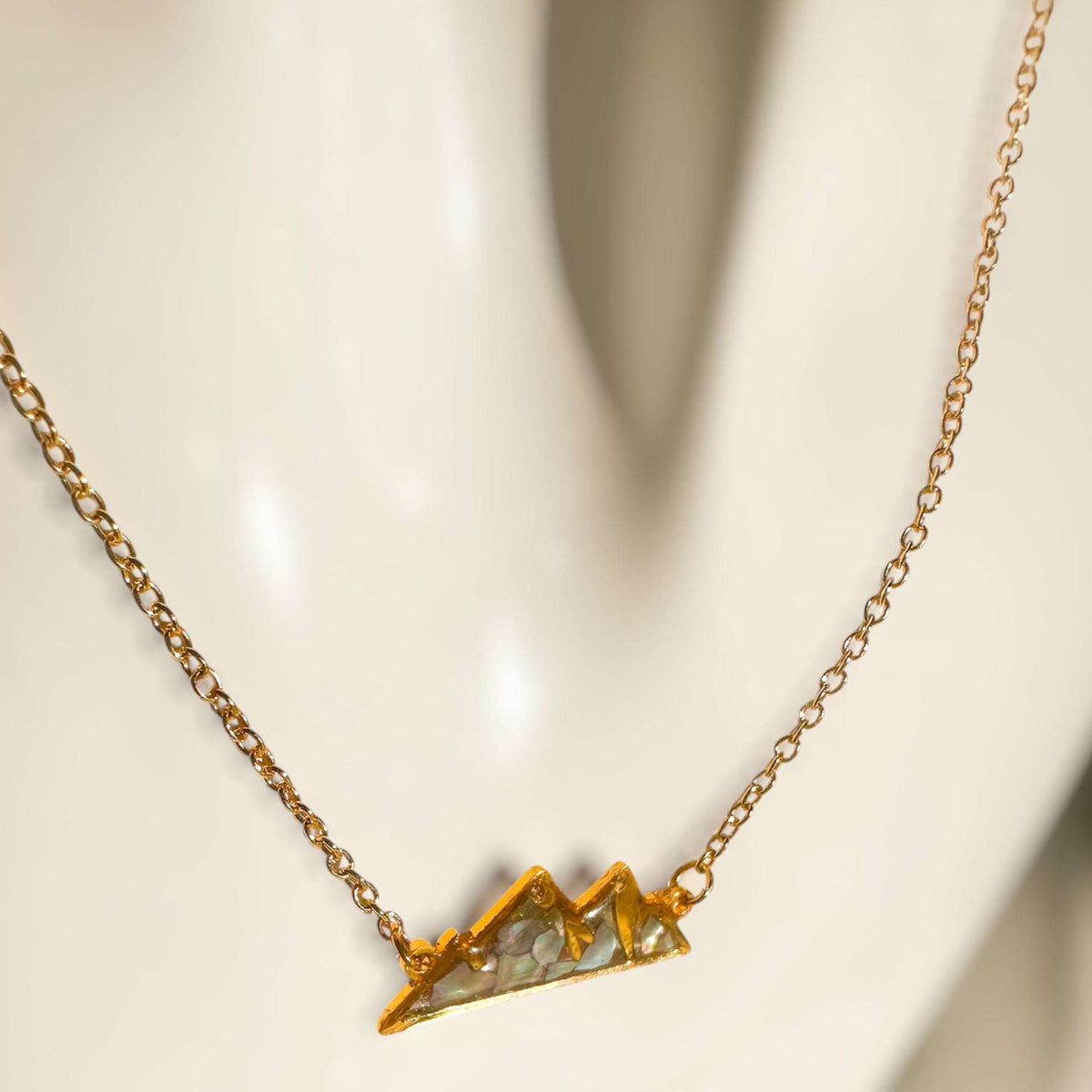 Handmade Gold Mountain Pendant Necklace with Northern Lights