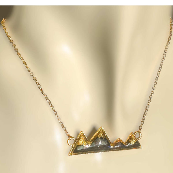 Handmade Gold Mountain Pendant Necklace with Northern Lights