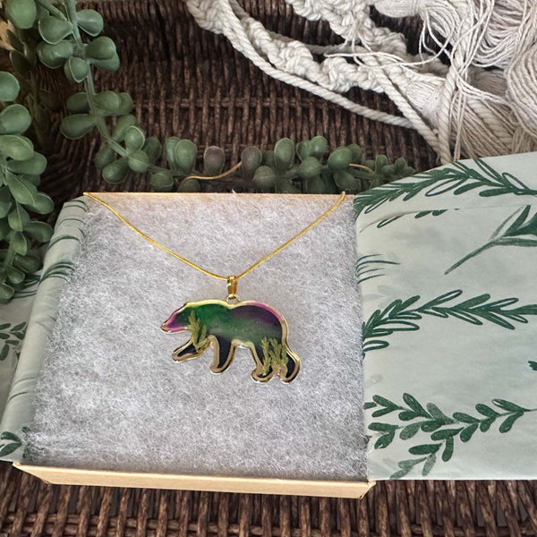 Northern Lights Spirit Bear Pendant - Handmade Resin Aurora Bear  