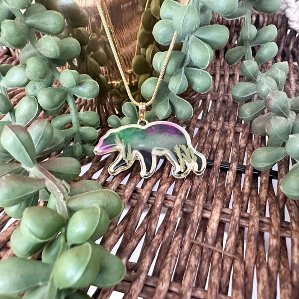 Northern Lights Spirit Bear Pendant - Handmade Resin Aurora Bear  