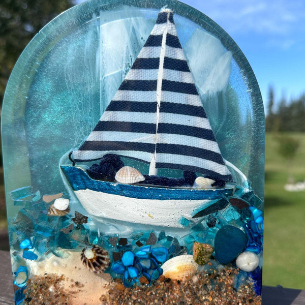 Handmade Resin Sailboat Sculpture – A Tranquil Ocean Scene Illuminated