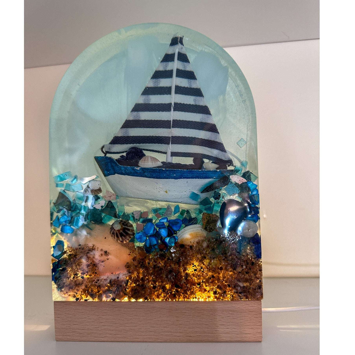 Handmade Resin Sailboat Sculpture – A Tranquil Ocean Scene Illuminated