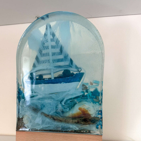 Handmade Resin Sailboat Sculpture – A Tranquil Ocean Scene Illuminated