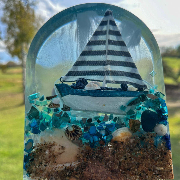 Handmade Resin Sailboat Sculpture – A Tranquil Ocean Scene Illuminated