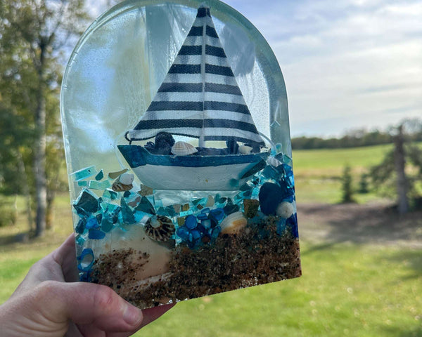 Handmade Resin Sailboat Sculpture – A Tranquil Ocean Scene Illuminated