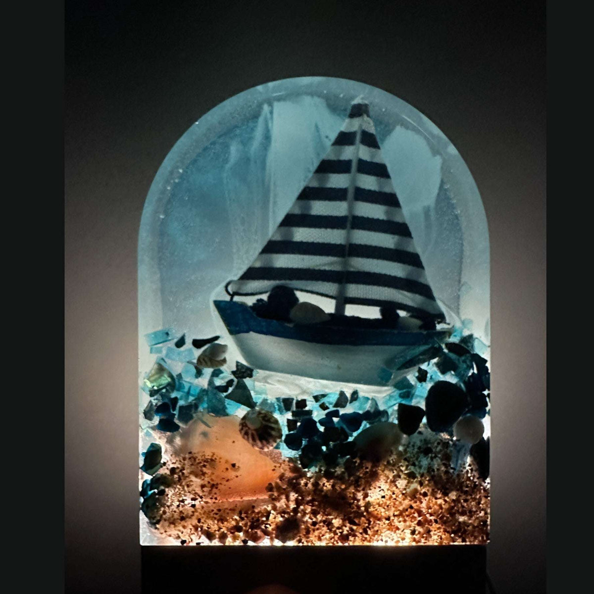 Handmade Resin Sailboat Sculpture – A Tranquil Ocean Scene Illuminated