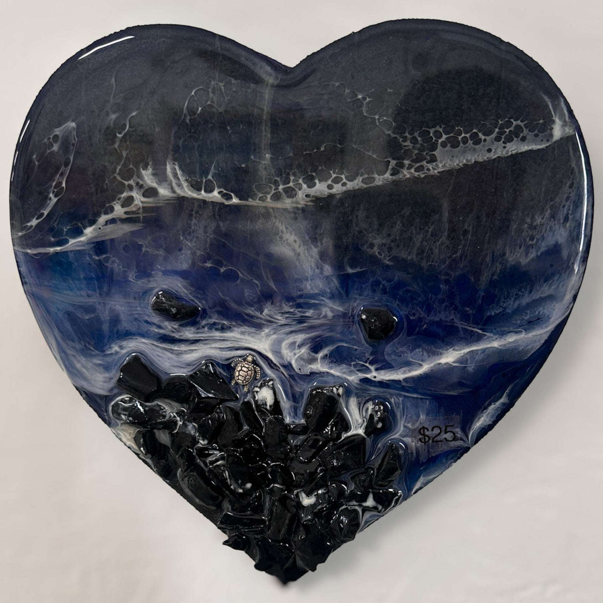 Midnight Tide Heart Art | Black Glass Beach & Deep Blue Resin Ocean