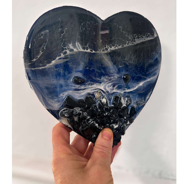 Midnight Tide Heart Art | Black Glass Beach & Deep Blue Resin Ocean