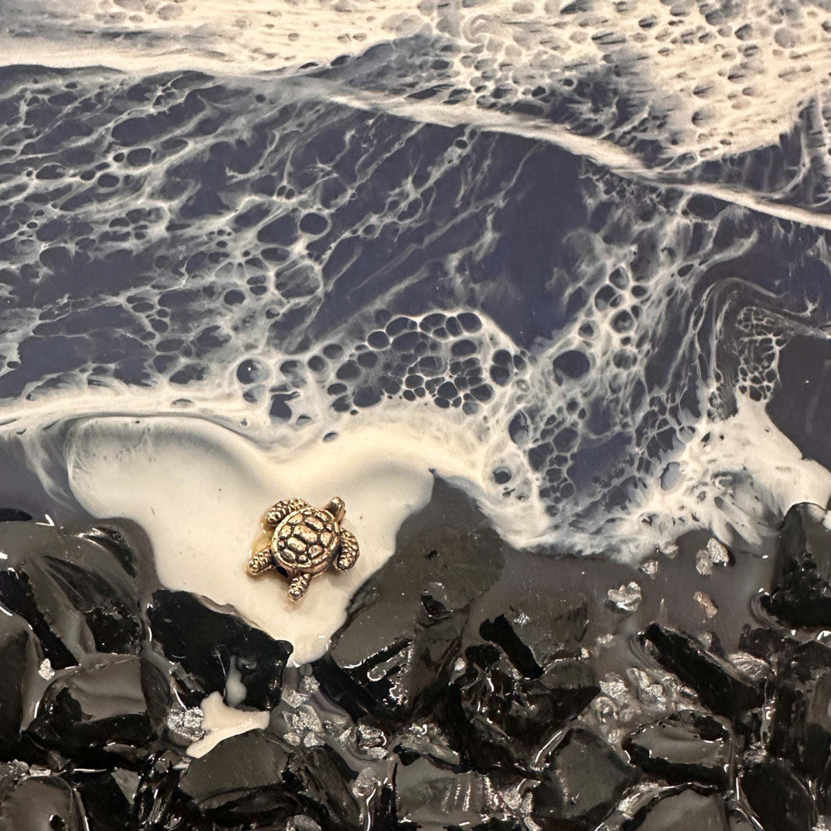 Midnight Tide Heart Art | Black Glass Beach & Deep Blue Resin Ocean