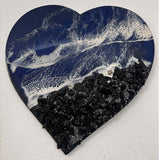 Midnight Tide Heart Art | Black Glass Beach & Deep Blue Resin Ocean
