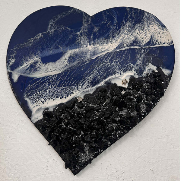 Midnight Tide Heart Art | Black Glass Beach & Deep Blue Resin Ocean