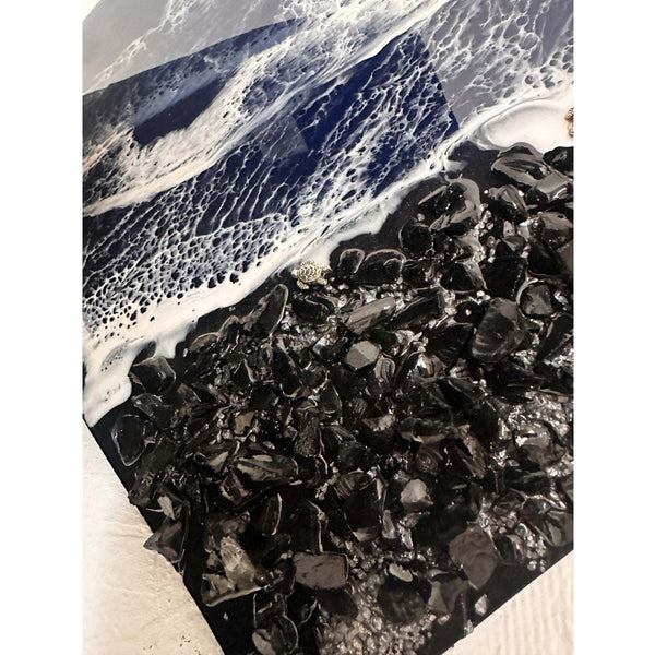 Midnight Tide Heart Art | Black Glass Beach & Deep Blue Resin Ocean