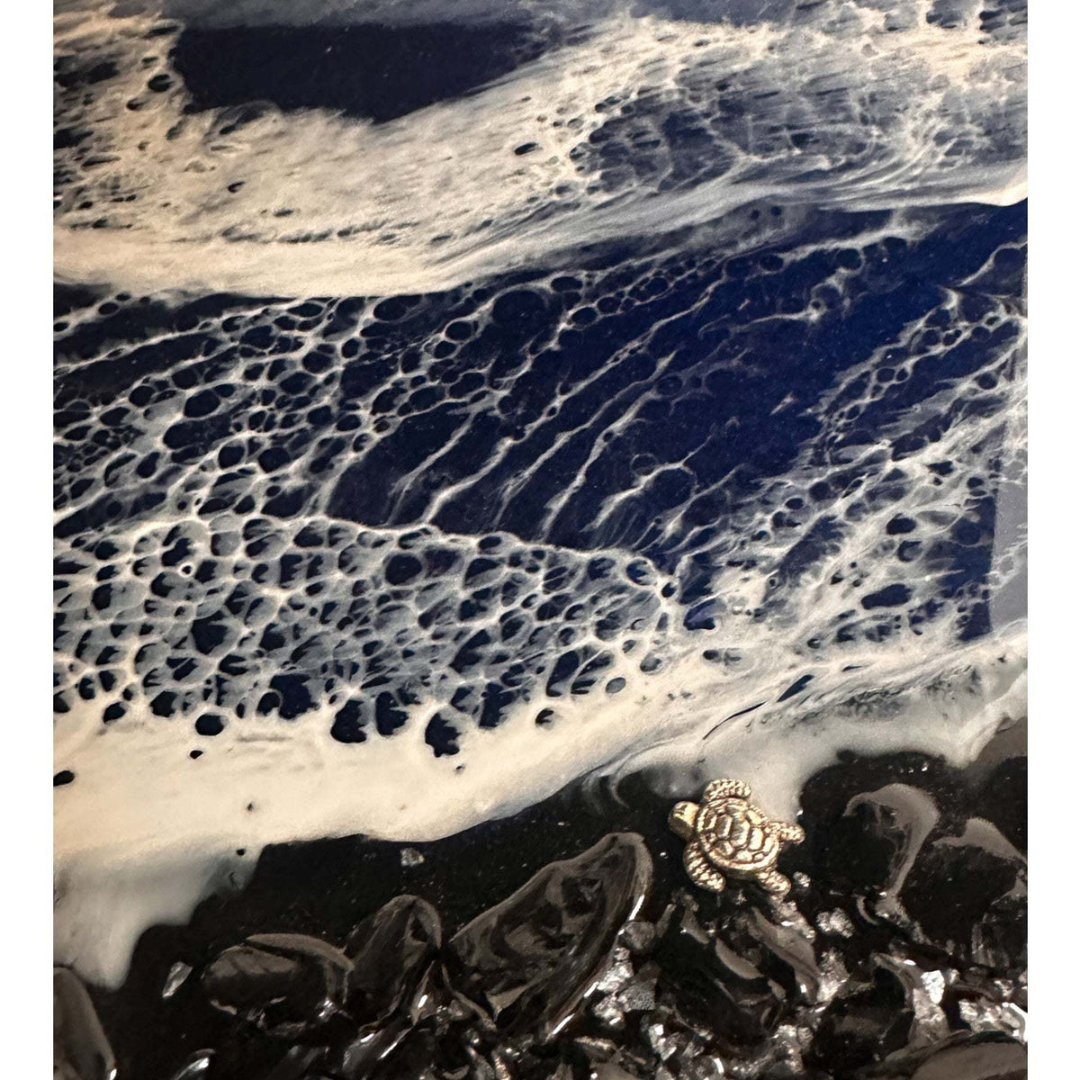 Midnight Tide Heart Art | Black Glass Beach & Deep Blue Resin Ocean