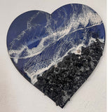 Midnight Tide Heart Art | Black Glass Beach & Deep Blue Resin Ocean