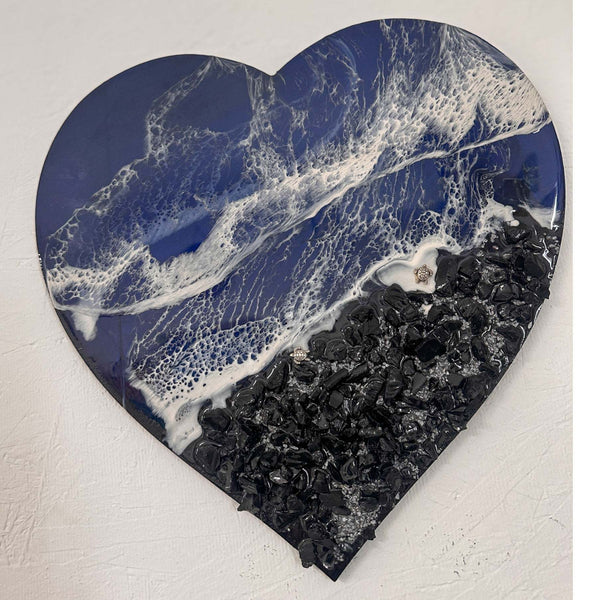 Midnight Tide Heart Art | Black Glass Beach & Deep Blue Resin Ocean