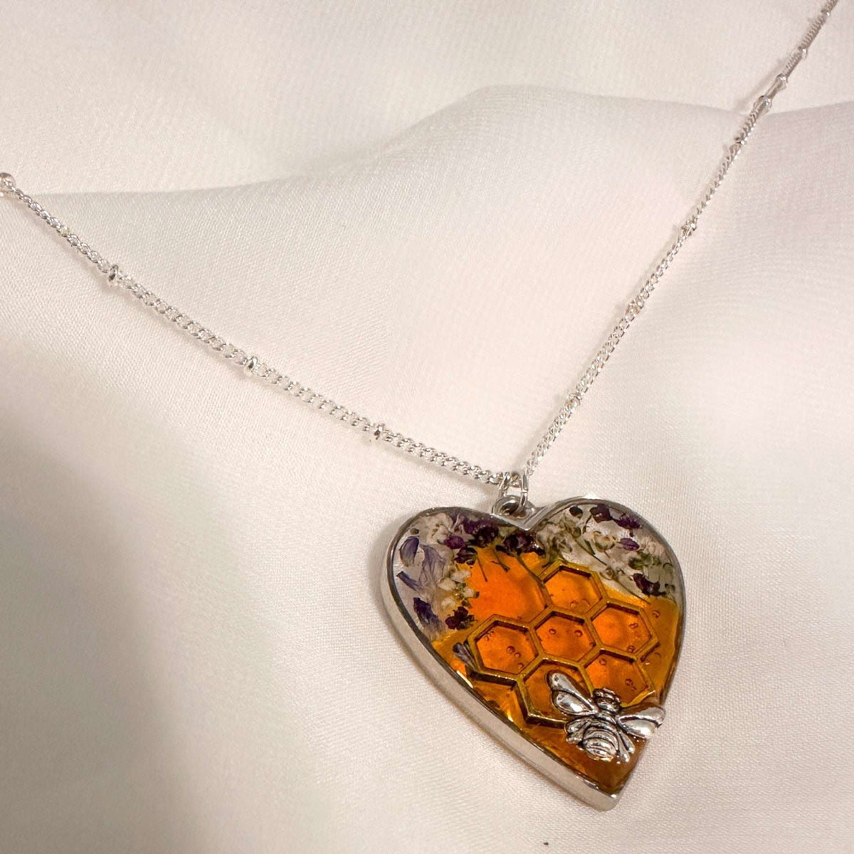 Bee Pendant - Blossom Buzz Harmony Heart - Handmade with Dried Flowers