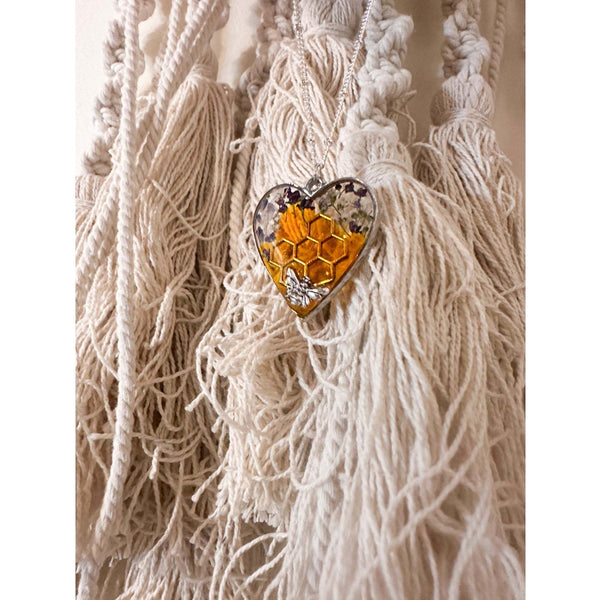 Bee Pendant - Blossom Buzz Harmony Heart - Handmade with Dried Flowers