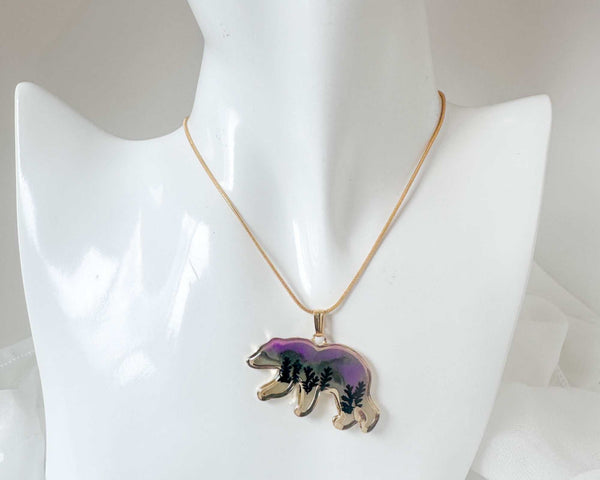 Northern Lights Spirit Bear Pendant - Handmade Resin Aurora Bear