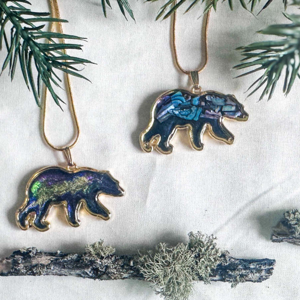 Northern Lights Spirit Bear Pendant - Handmade Resin Aurora Bear  