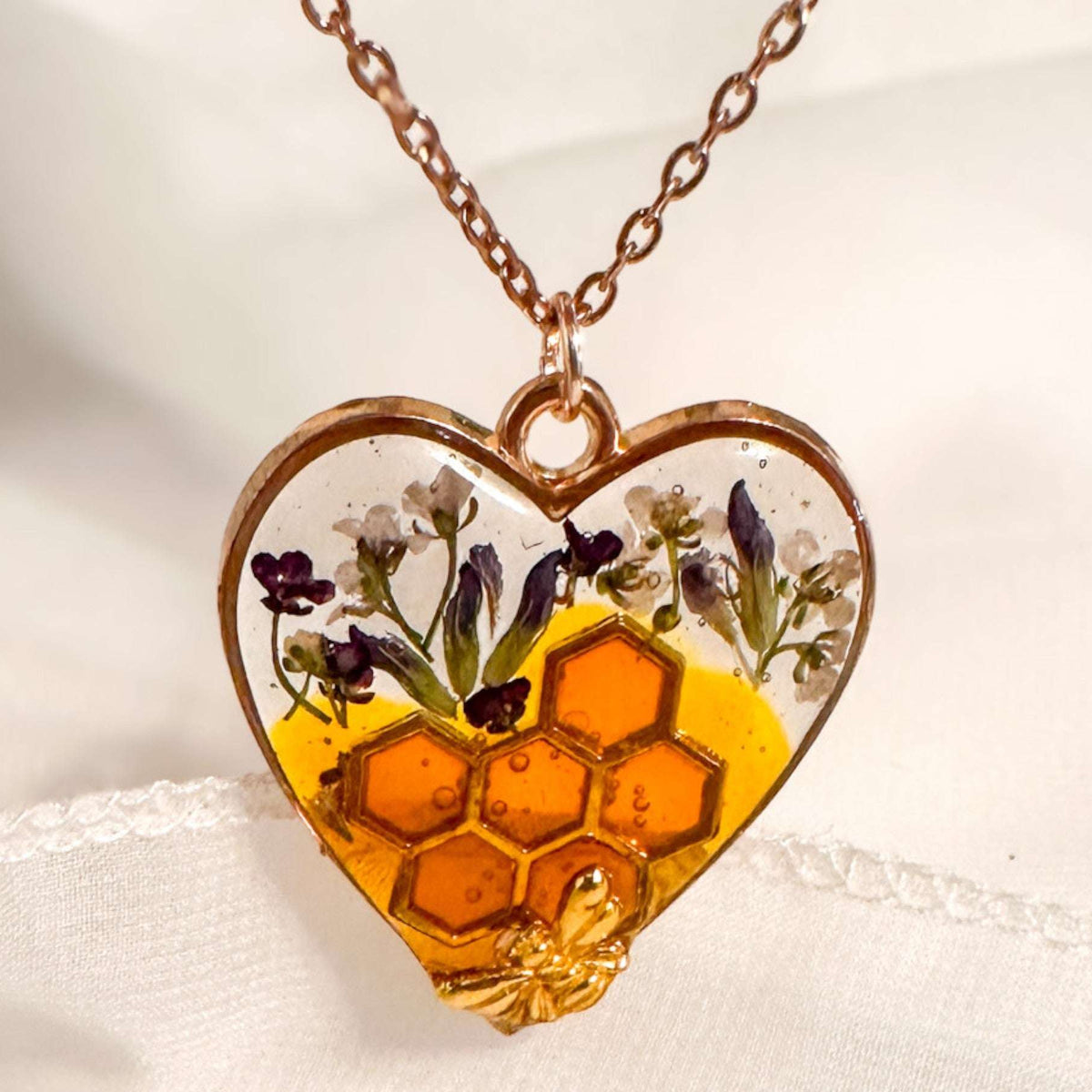 Bee Pendant - Blossom Buzz Harmony Heart - Handmade with Dried Flowers