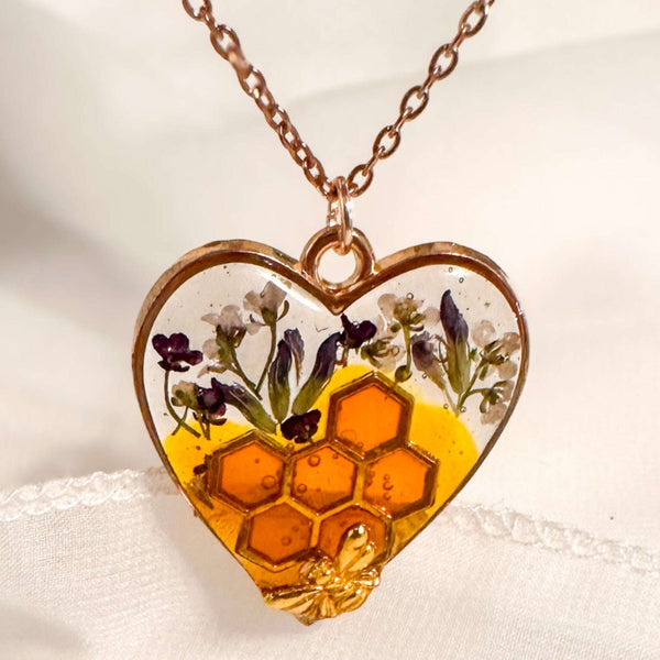 Bee Pendant - Blossom Buzz Harmony Heart - Handmade with Dried Flowers