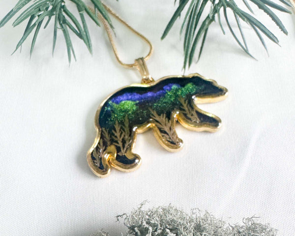 Northern Lights Spirit Bear Pendant - Handmade Resin Aurora Bear  