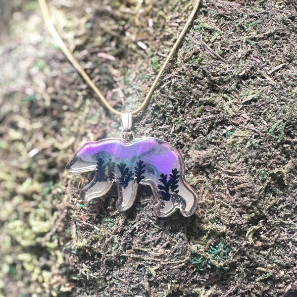 Northern Lights Spirit Bear Pendant - Handmade Resin Aurora Bear  