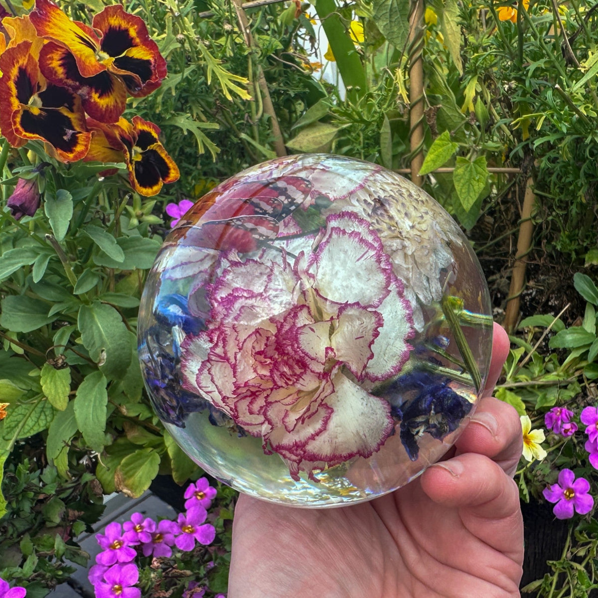 Carnation Garden Sphere - Whimsical Floral Handmade Resin Home Decor