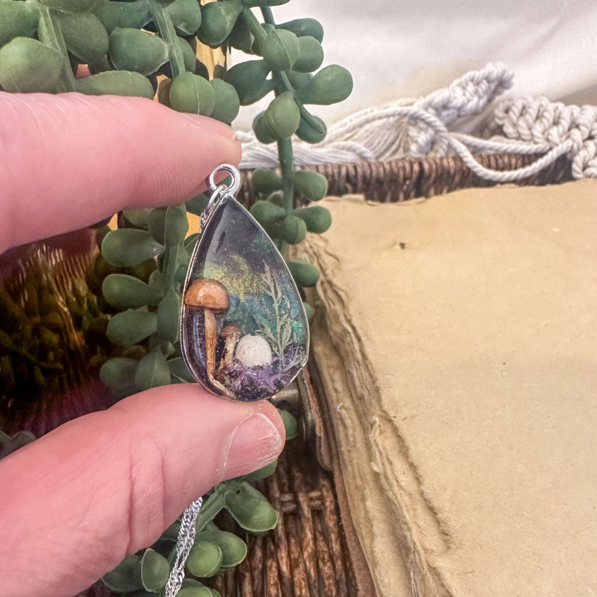 Enchanted Northern Lights Forest Teardrop Pendant  - Handmade Jewelry