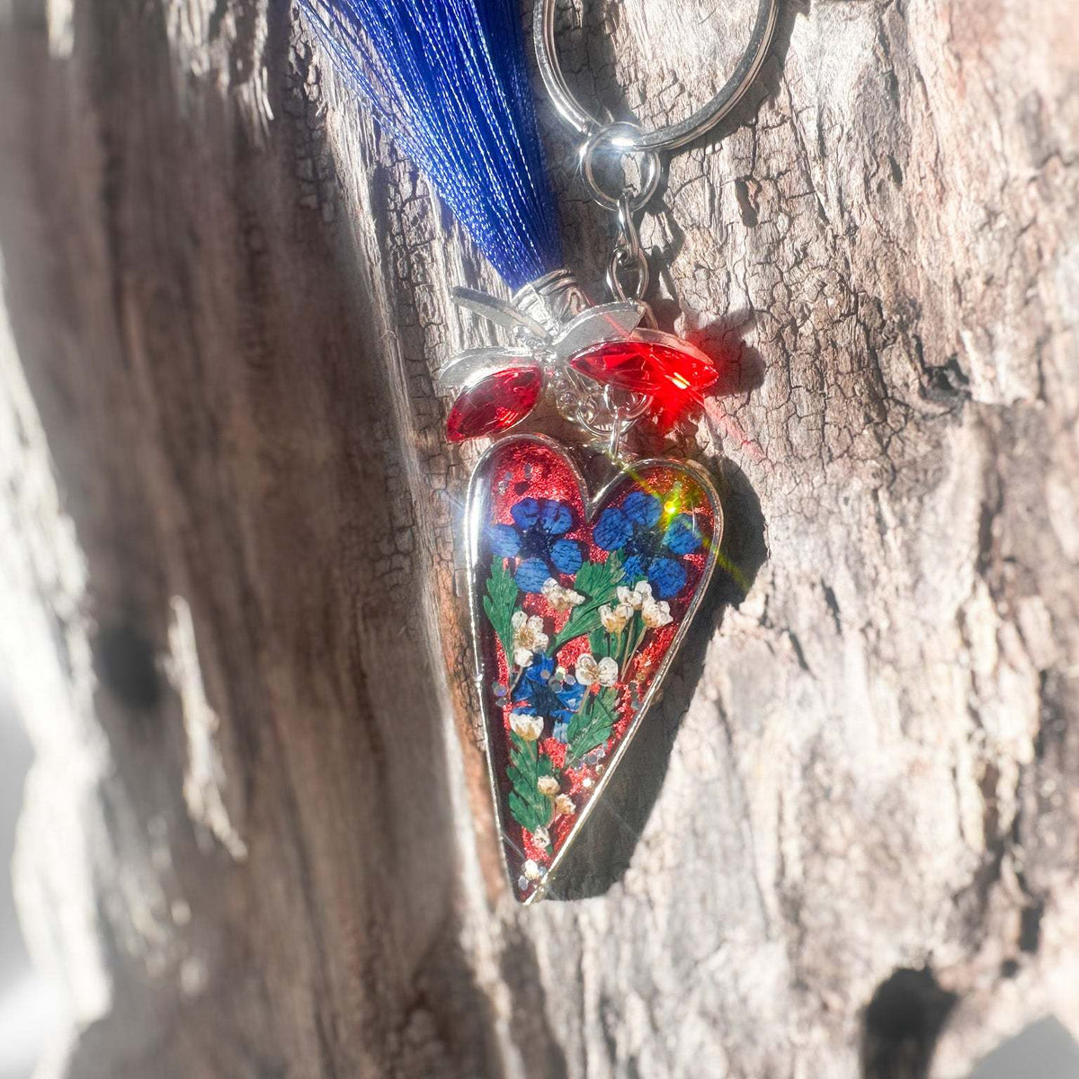 Handcrafted Floral Heart bag charm with real dried flowers and a silk tassel