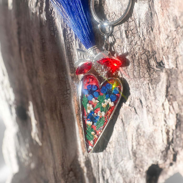 Handcrafted Floral Heart bag charm with real dried flowers and a silk tassel