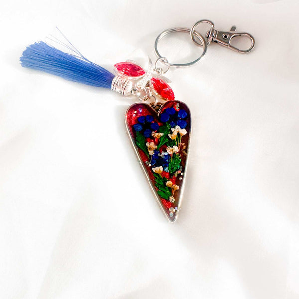 Handcrafted Floral Heart bag charm with real dried flowers and a silk tassel