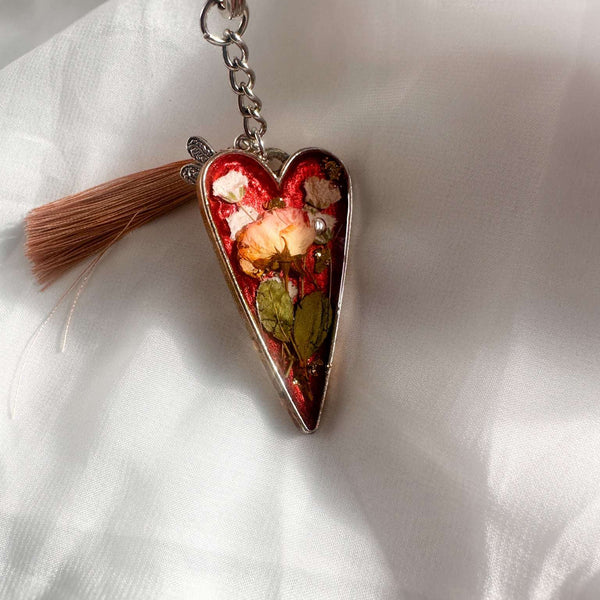 Handcrafted Floral Heart bag charm with real dried flowers and a silk tassel