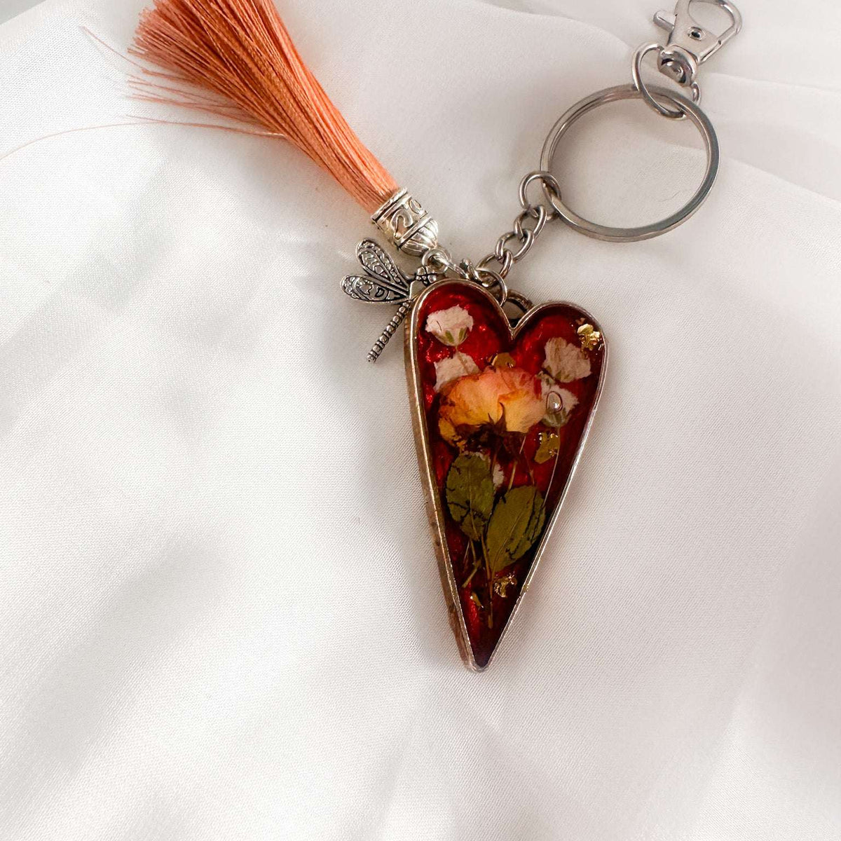Handcrafted Floral Heart bag charm with real dried flowers and a silk tassel