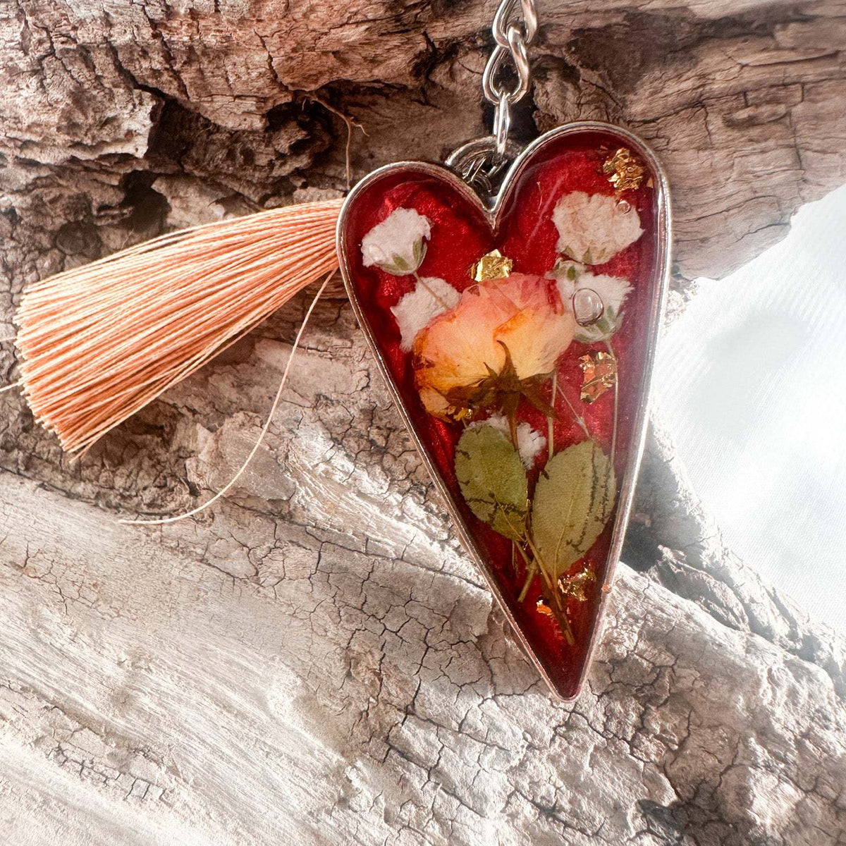 Handcrafted Floral Heart bag charm with real dried flowers and a silk tassel