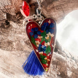 Handcrafted Floral Heart bag charm with real dried flowers and a silk tassel