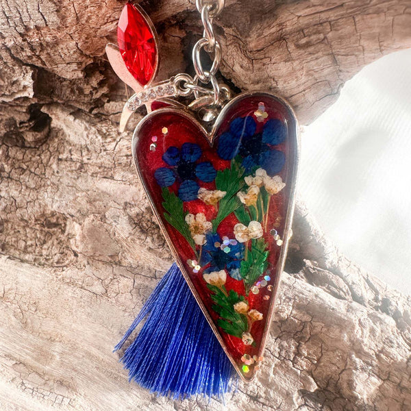 Handcrafted Floral Heart bag charm with real dried flowers and a silk tassel