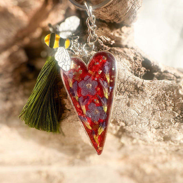 Handcrafted Floral Heart bag charm with real dried flowers and a silk tassel