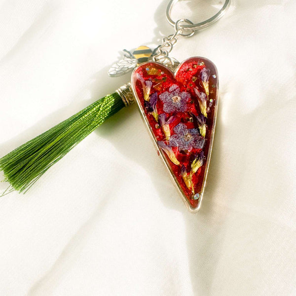 Handcrafted Floral Heart bag charm with real dried flowers and a silk tassel