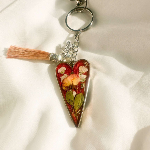Handcrafted Floral Heart bag charm with real dried flowers and a silk tassel