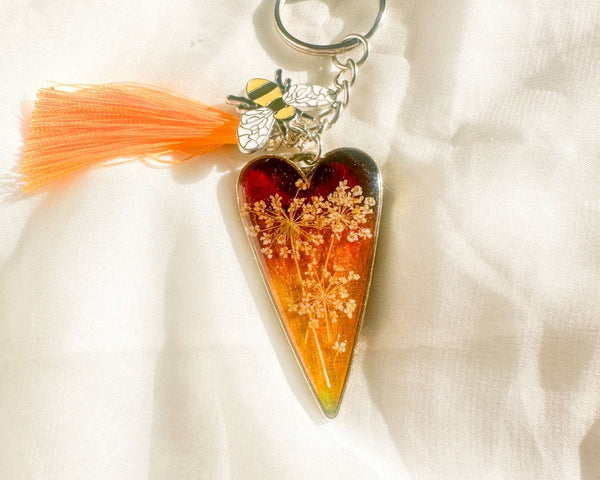 Handcrafted Floral Heart bag charm with real dried flowers and a silk tassel