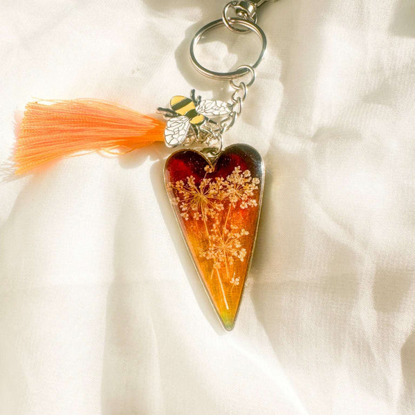 Handcrafted Floral Heart bag charm with real dried flowers and a silk tassel