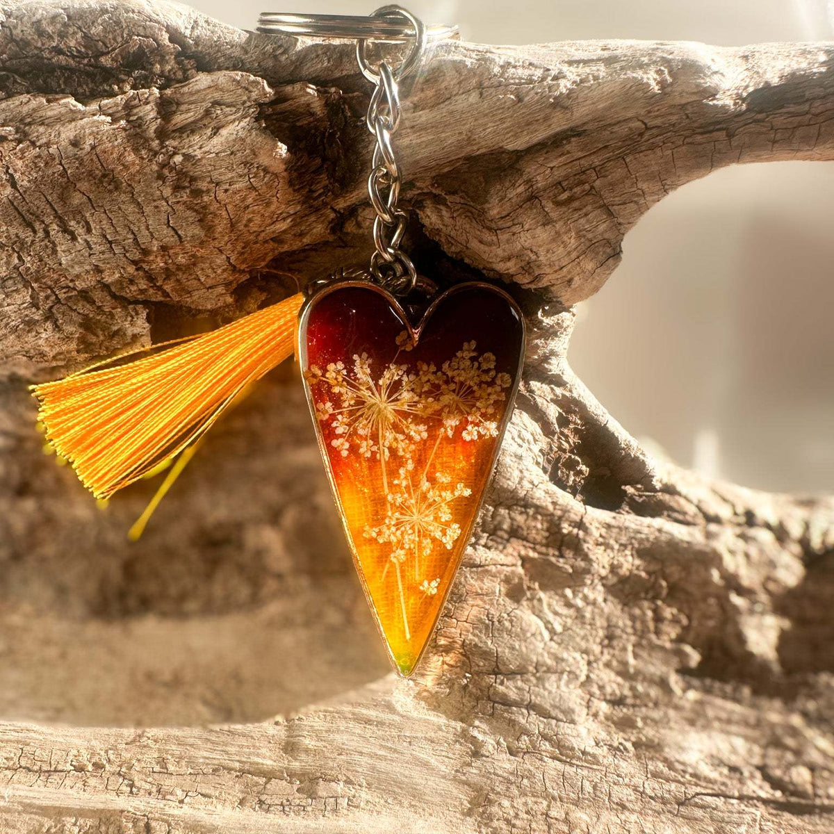 Handcrafted Floral Heart bag charm with real dried flowers and a silk tassel