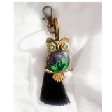 Northern Lights owl keychain with real ferns in resin and black tassel